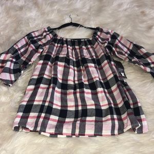 Plaid off the shoulder tee